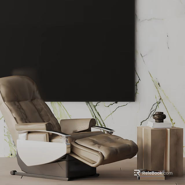 Brown Leather Recliner Chair With Black Large Screen Marble Wall And Side Table 3d model 