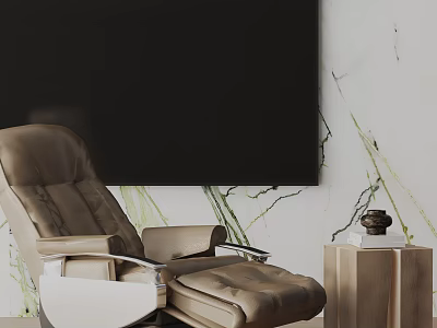 Brown Leather Recliner Chair With Black Large Screen Marble Wall And Side Table 3d model