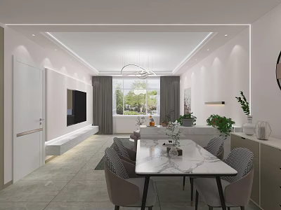 Modern Living And Dining Room Interior With Marble Table Chairs TV Wall And Plants 3d model