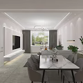 Modern Living And Dining Room Interior With Marble Table Chairs TV Wall And Plants