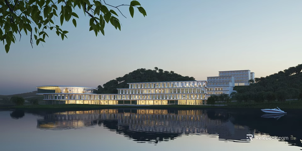Modern Lakefront Hotel Building With Illuminated Exterior Water Reflection And Mountain View 3d model 