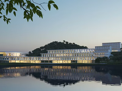 Modern Lakefront Hotel Building With Illuminated Exterior Water Reflection And Mountain View 3d model