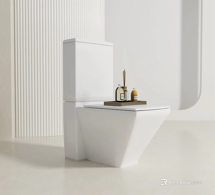 Modern Minimalist White Toilet with Small Tray Holding Candle and Small Bottles 3d model 