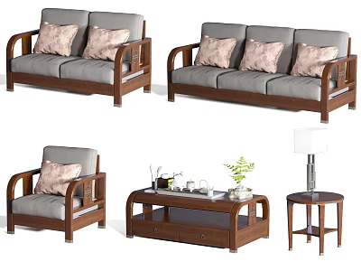Wooden Frame Sofa And Coffee Table Set With Armchair Side Table And Gray Pillows 3d model