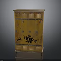 Yellow Wooden Storage Locker Cabinet With Multiple Compartments And Black Graffiti