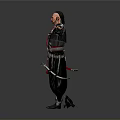 Man In Traditional Black Robe With Red Accents And Weapons Standing With Open Arms