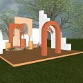 Outdoor Geometric Art Installation With Orange White Beige Arches And Green Grass