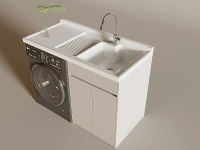 Modern White Laundry Cabinet with Washing Machine Sink and Faucet on Countertop 3d model