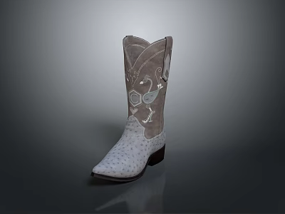 Gray Leather Cowboy Boots With Embroidered Floral Design Speckled Toe And Block Heel 3d model