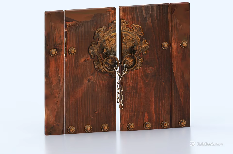 Traditional Wooden Entrance Gate With Brass Door Knocker And Decorative Studs 3d model 