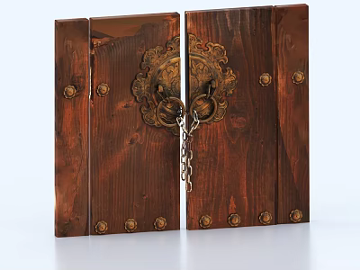 Traditional Wooden Entrance Gate With Brass Door Knocker And Decorative Studs 3d model