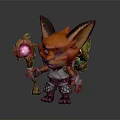 3D Fantasy Fox Game Movie Character Holding Glowing Staff With Pink Orb And Armored Outfit