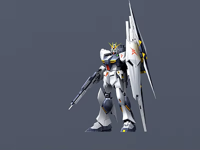 White Mecha Robot Model With Yellow Black Details Large Back Wings And Weapon 3d model