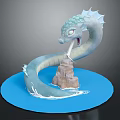 Detailed Blue Dragon Sculpture On Circular Base With Small Tower And Wave Effects 3d model