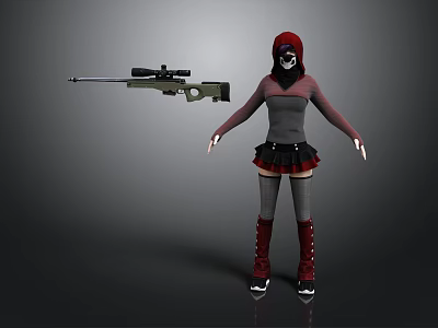 Woman in red hood white mask gray top with sniper rifle and red studded boots 3d model