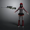 Woman in red hood white mask gray top with sniper rifle and red studded boots