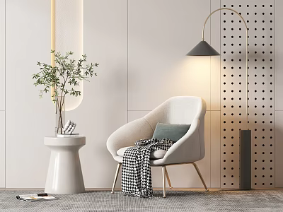Light Beige Single Sofa With Accent Pillow Checkered Blanket Floor Lamp Potted Plant And Perforated Wall Panel 3d model