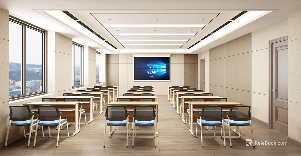 Modern Spacious Conference Room With Neatly Arranged Tables Chairs And Large Screen 3d model 
