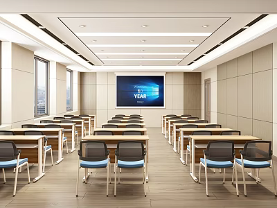 Modern Spacious Conference Room With Neatly Arranged Tables Chairs And Large Screen 3d model