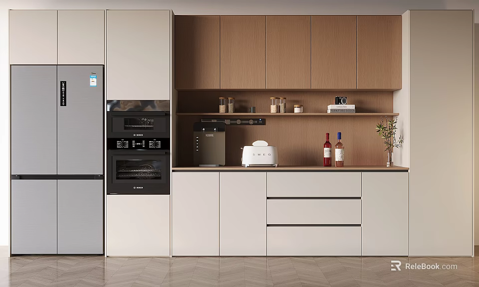 Modern Kitchen Interior With Wooden Wine Cabinet White Countertop Wine Bottles And Small Plant 3d model 