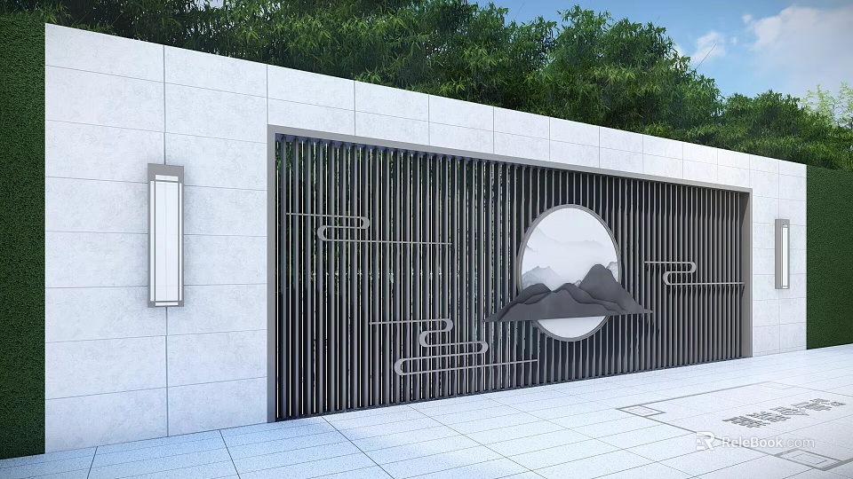 Modern Landscape Wall With Vertical Grilles Circular Mountain Decor And Stone Panel 3d model 
