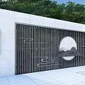 Modern Landscape Wall With Vertical Grilles Circular Mountain Decor And Stone Panel