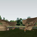 Bamboo Wooden Houses With Curved Roofs Surrounded By Green Grass And Trees