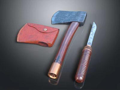 Vintage Weapon Set Including Axe With Wooden Handle Knife And Red Leather Sheath 3d model