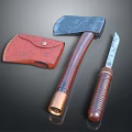 Vintage Weapon Set Including Axe With Wooden Handle Knife And Red Leather Sheath
