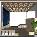 Modern Kindergarten Interior With Wooden Lattice Ceiling Large Screen Bookshelves Benches And Plants