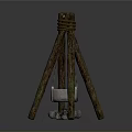 Rustic Wooden Tripod Structure With Hanging Metal Pot And Stone Base
