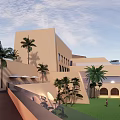 Modern Hotel Building With Palm Trees Lawn Tower And Arched Outdoor Structures