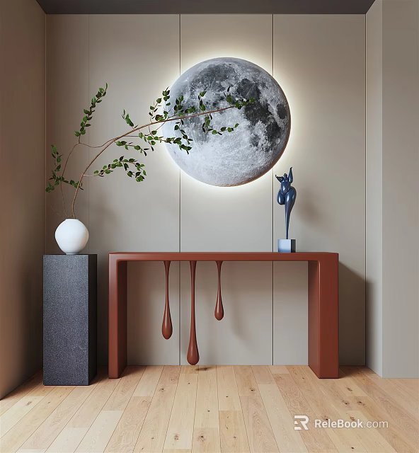 Brown Console Table with Green Branch and Blue Deer Statue Against Wall with Moon Decor 3d model 