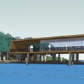 Picturesque Waterfront Marina Featuring Wooden Dock Boats Trees Shore Buildings And People