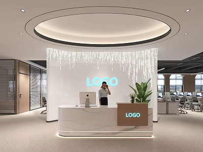Modern Office Reception Desk With Marble Counter Logo Wall And Dripping Light Decoration 3d model