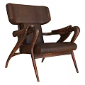 Brown Leather Leisure Chair With Curved Wooden Arms And Retro Design