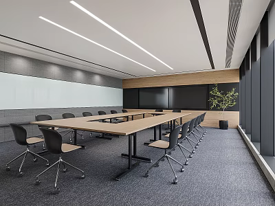 Modern Conference Room Interior With Long Wooden Table Black Chairs Gray Carpet And White Walls 3d model