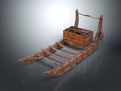 Traditional Handmade Wooden Boat With Wooden Crate And Rowing Frame On Deck 3d model