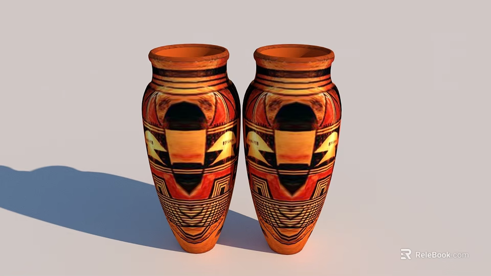 Traditional Ceramic Vases With Orange Base And Geometric Patterns In Black Yellow Red 3d model 