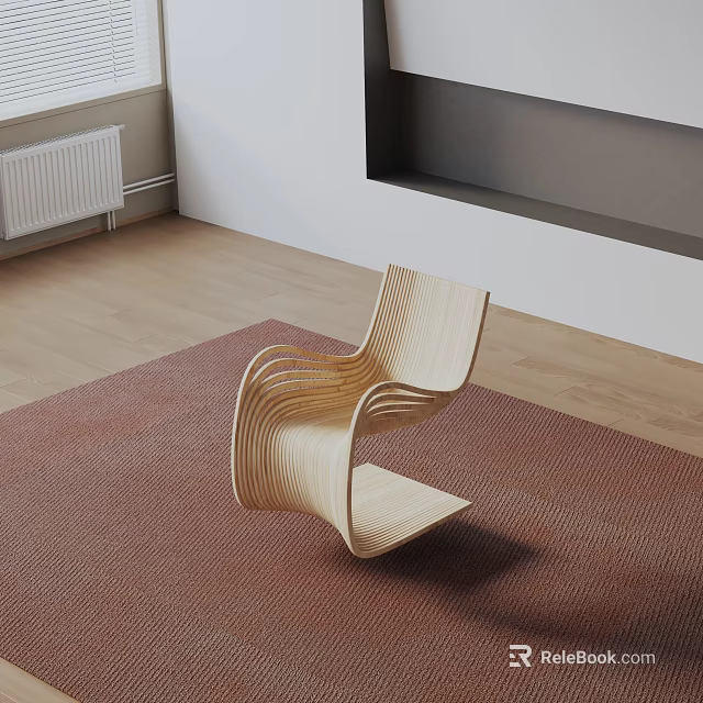 Modern Wooden Curved Leisure Chair on Brown Rug and Wooden Floor 3d model 