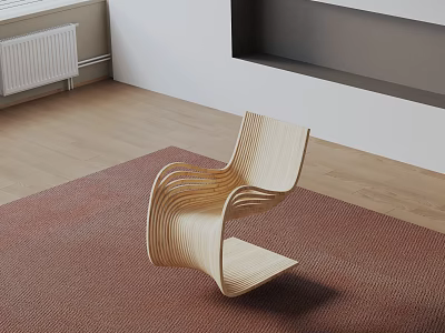Modern Wooden Curved Leisure Chair on Brown Rug and Wooden Floor 3d model