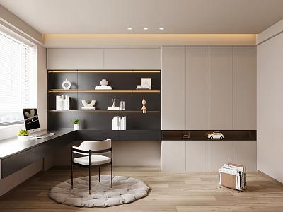 Modern Home Study Room Design With Wooden Desk Chair Bookshelves Window Blinds And Round Rug 3d model