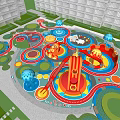 Vibrant Children's Play Area With Slides Round Tables Colorful Flooring And Tall Building Background