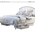 White Double Bed With Curved Headboard Gray Bedspread Patterned Pillows And Underbed Drawers 3d model
