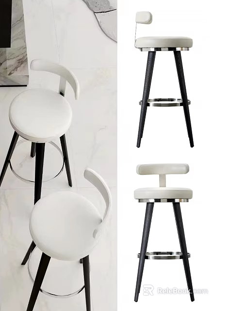 Modern Bar Stools With White Upholstered Seat Curved Backrest And Black Metal Legs 3d model 