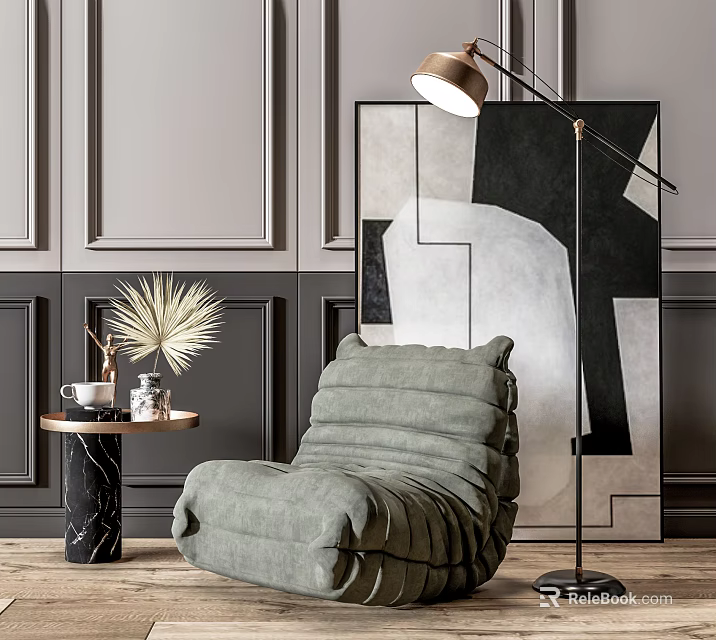 Gray Lazy Sofa In Modern Living Room With Floor Lamp Abstract Artwork And Side Table 3d model 