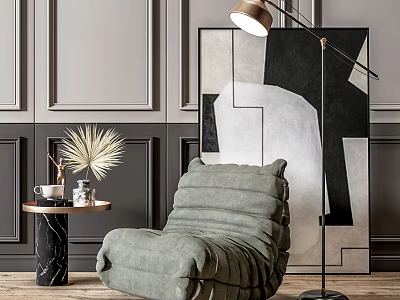 Gray Lazy Sofa In Modern Living Room With Floor Lamp Abstract Artwork And Side Table 3d model