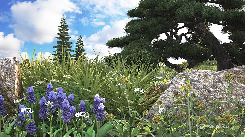 Lush Garden Shrubs With Pine Trees Purple Flowers And Rocks Under Blue Sky 3d model 