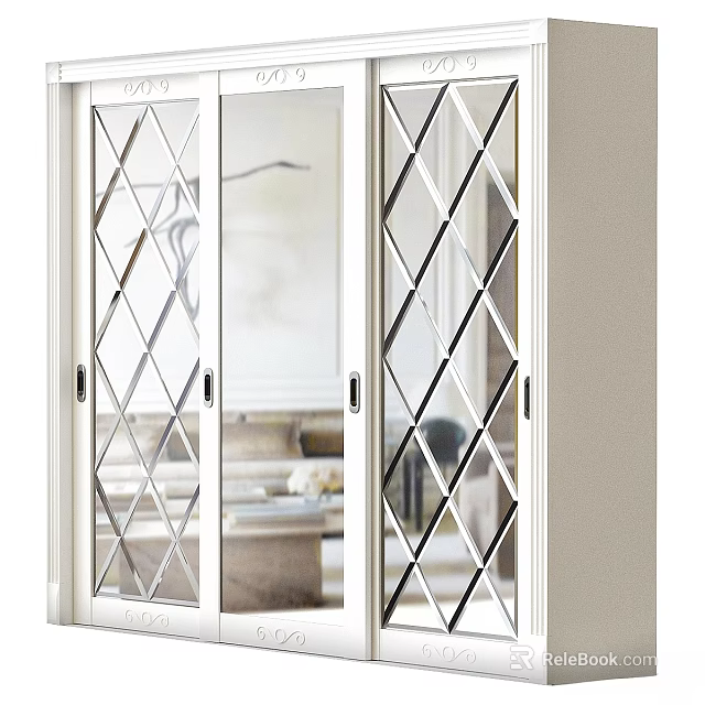 White Frame Double Sliding Doors With Diamond Pattern Glass For Interior 3d model 