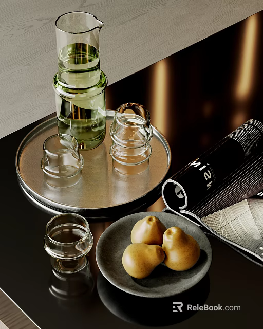 Transparent Glass Tea Set On Silver Tray With Green Bottle Pastries And Magazine 3d model 
